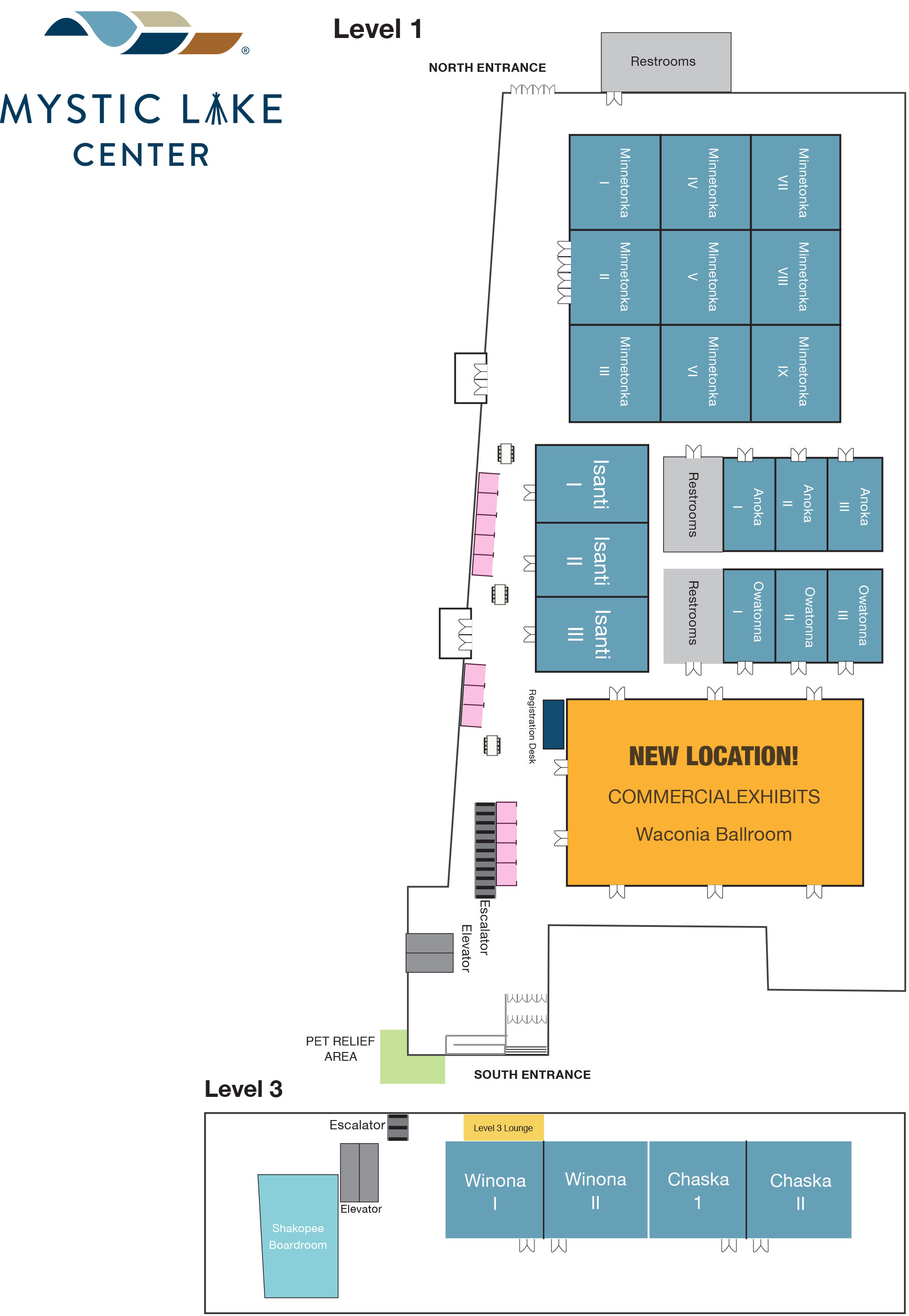 Map of Mystic Lake Center, identifying the new location of exhibits - Waconia Ballroom