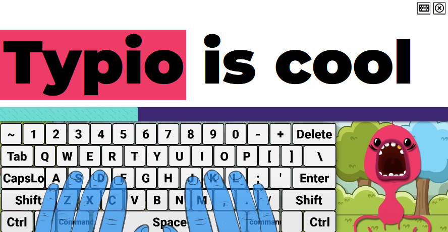 Typio screenshot showing typing pet, visual hands and keyboard, and typing prompt "Typio is cool" in big bold text