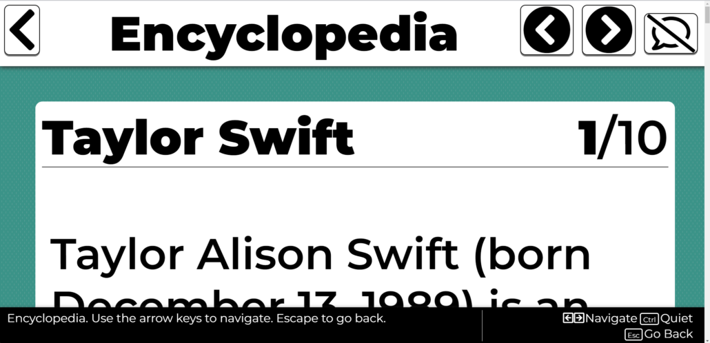 Accessibyte Propack Encyclopedia image showing Encyclopedia entry for Taylor Swift