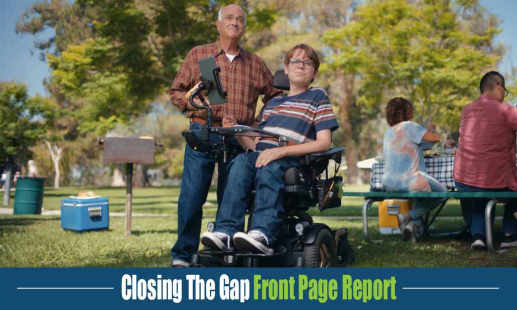 Closing The Gap Front Page Report on Amazon Acessibility. A man is standing next to a grown child in a wheelchair outside next to a picnic table