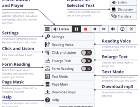ReadSpeaker webReader Listen Button, Player, And Menu With Feature Descriptions With Reading Voice And Form Reading Cropped