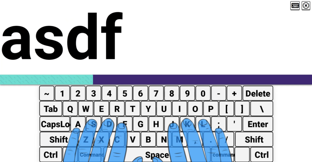 Typing screenshot showing 'asdf' text, keyboard and hands on screen.