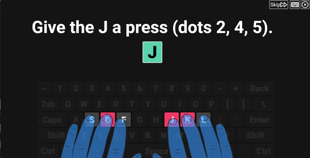 Braillio screenshot showing instruction on the J key, dots 2,4,5.