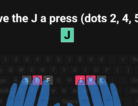 Braillio screenshot showing instruction on the J key, dots 2,4,5.