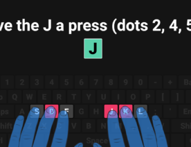 Braillio screenshot showing instruction on the J key, dots 2,4,5.