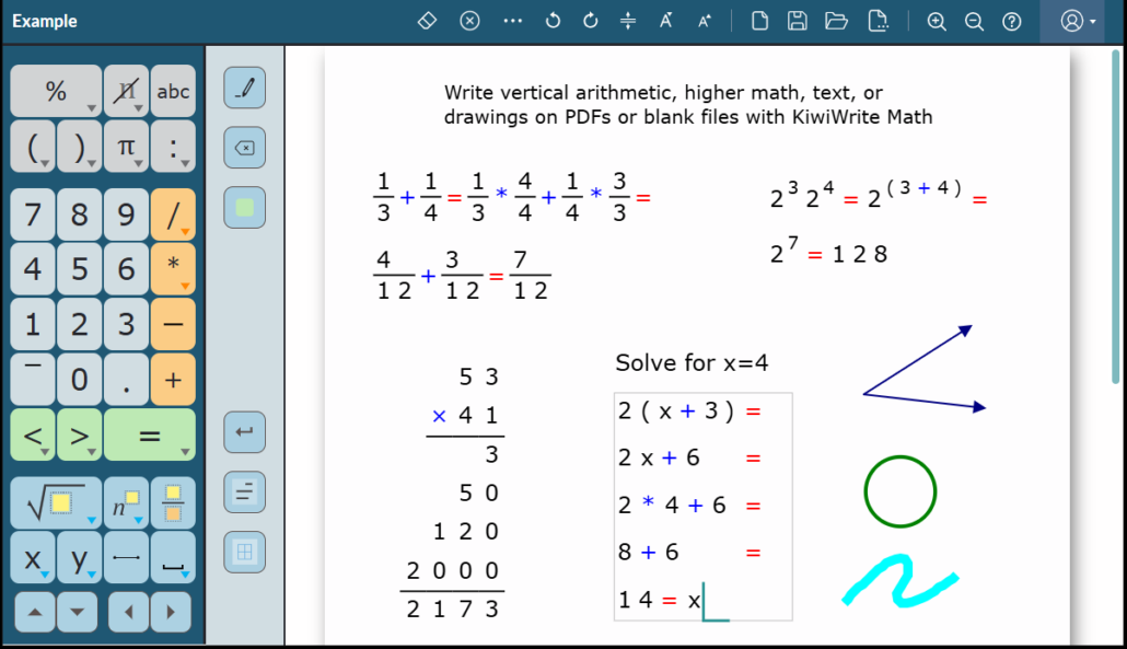 Kiwiwrite screenshot showing on-screen math keys and sample math problems