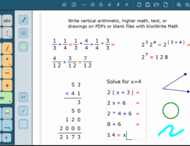 Kiwiwrite screenshot showing on-screen math keys and sample math problems