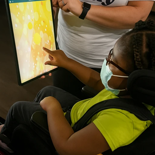 Student in a wheelchair looks and points to the iPad which is dislaying a yellow screen with a variety of yellow sparkling effects