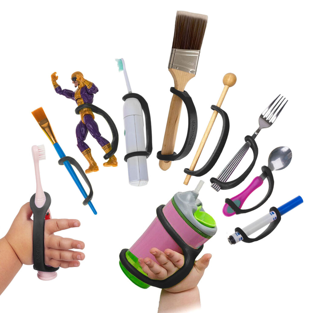 All 10 sizes of EasyHold universal cuffs on various items for daily living including toothbrushes, sippy cup, eating utensils, toys, and musical instruments.