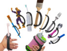 All 10 sizes of EasyHold universal cuffs on various items for daily living including toothbrushes, sippy cup, eating utensils, toys, and musical instruments.