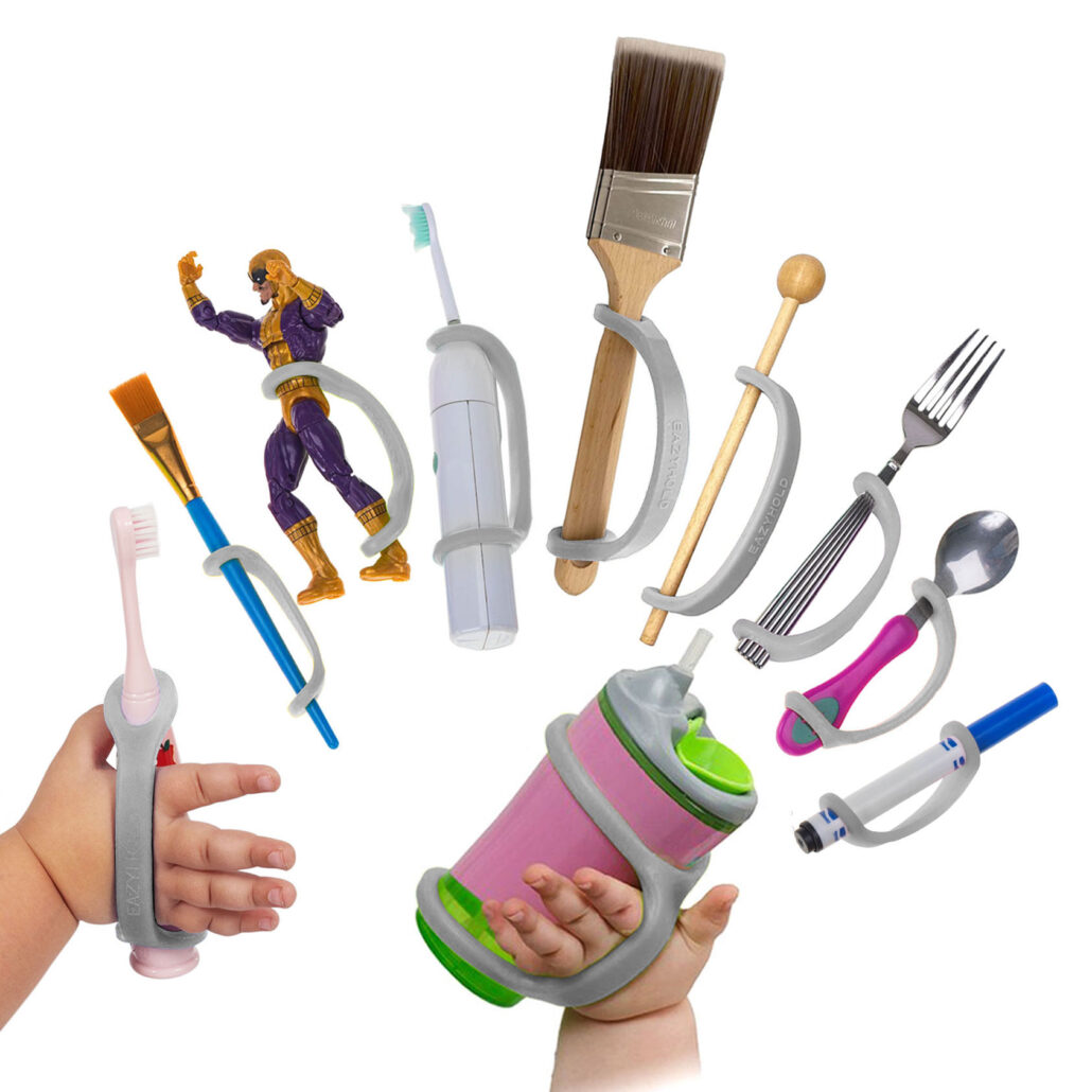 All 10 sizes of EasyHold universal cuffs on various items for daily living including toothbrushes, sippy cup, eating utensils, toys, and musical instruments.