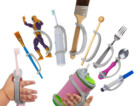 All 10 sizes of EasyHold universal cuffs on various items for daily living including toothbrushes, sippy cup, eating utensils, toys, and musical instruments.