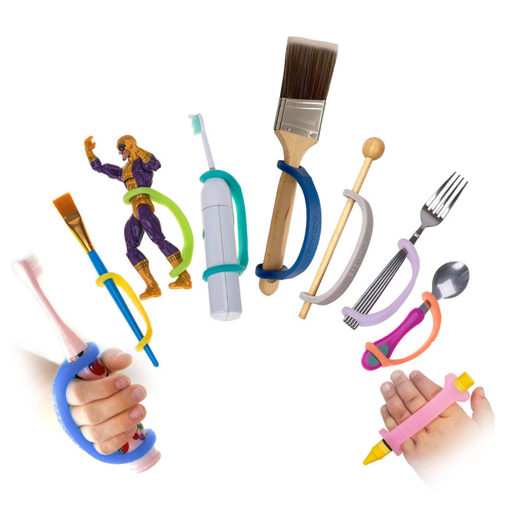 Set of 9 multicolored EasyHolds over a white background on various tools including toothbrushes, toys, paintbrushes, eating utensils, crayons, and musical instruments.