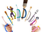 Set of 9 multicolored EasyHolds over a white background on various tools including toothbrushes, toys, paintbrushes, eating utensils, crayons, and musical instruments.