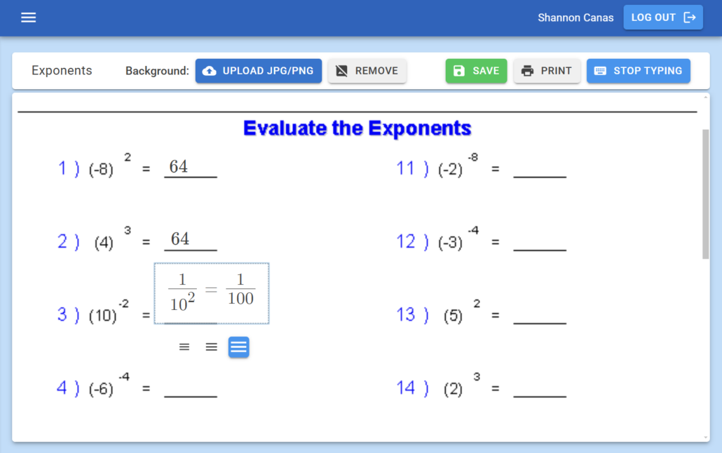 math homework with text box to type formatted math