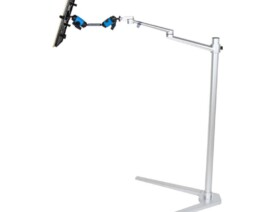 KUPOCARE KMF-103-L lightweight bedside floor stand for a tablet with a dual-knuckle arm